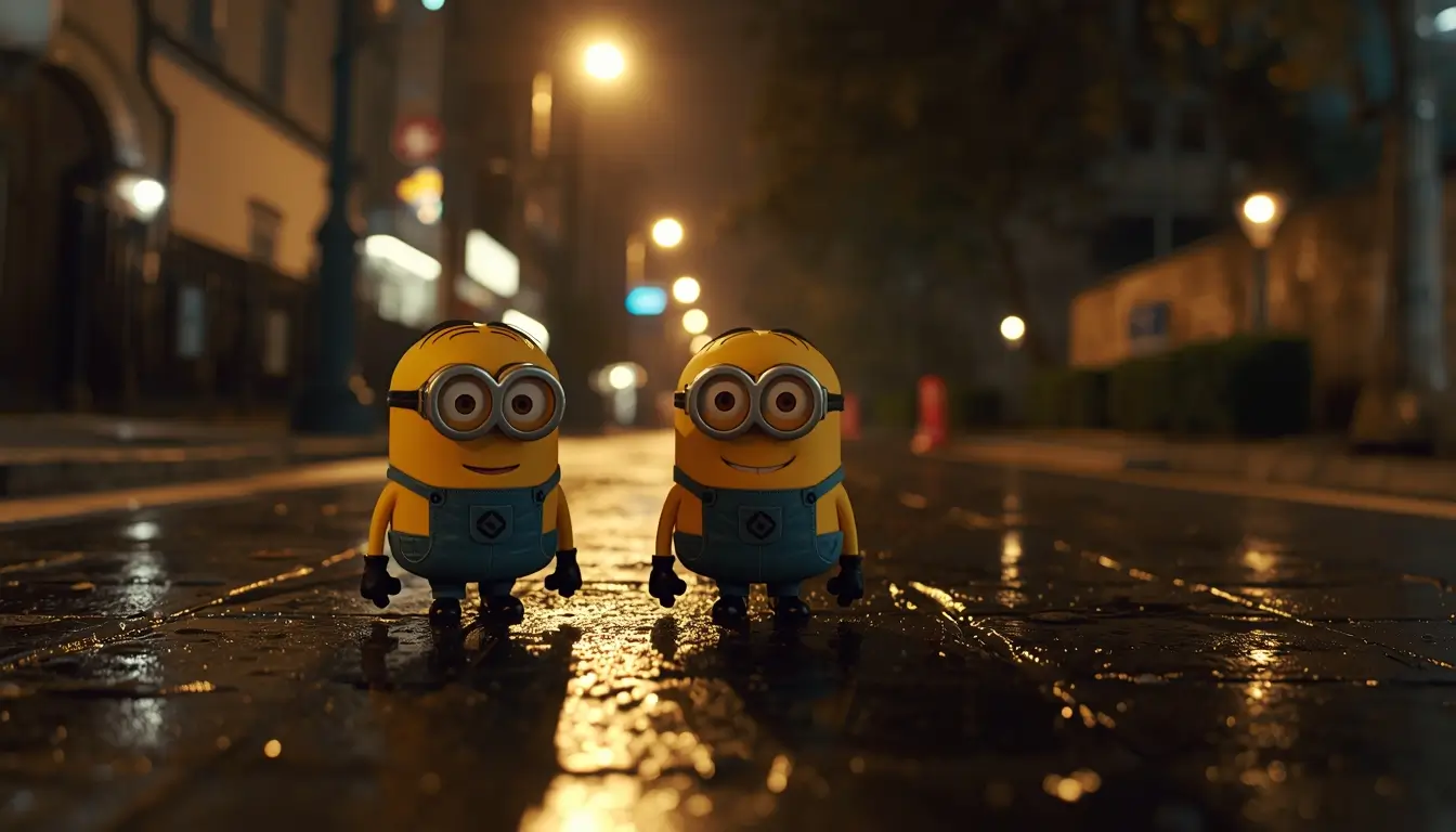 Minions desktop wallpaper showing two Minions on a wet city street at night with glowing streetlights and reflections on the pavement.