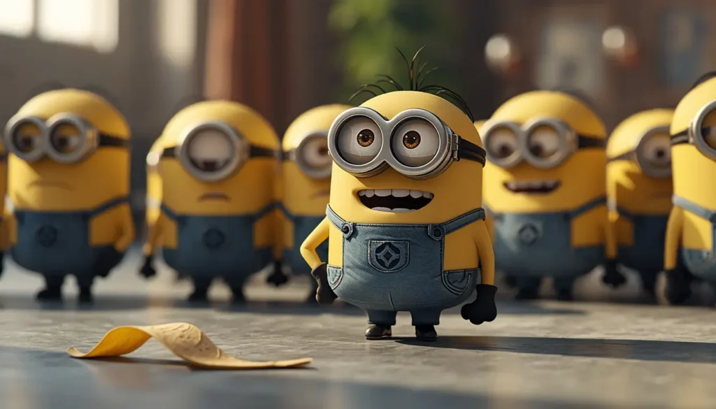 Minions desktop wallpaper showing a smiling Minion near a banana peel with other Minions blurred in the background indoors.