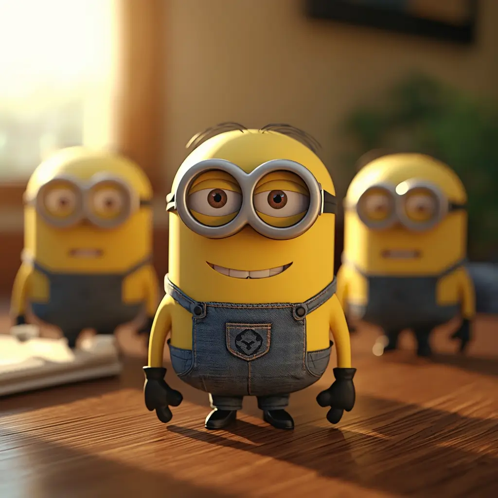Minions wallpaper 4k showing a cute Minion toy standing on a wooden table with warm sunlight and blurred Minions in the background.
