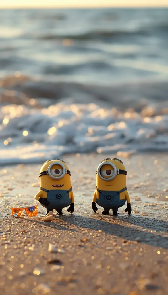 Minions wallpaper showing two cute Minions standing on a sandy beach near the ocean at sunset with warm golden light.