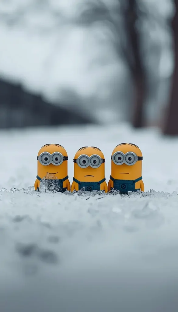 Minions wallpapers showing three cute Minions standing in fresh snow during winter with a soft blurred background.