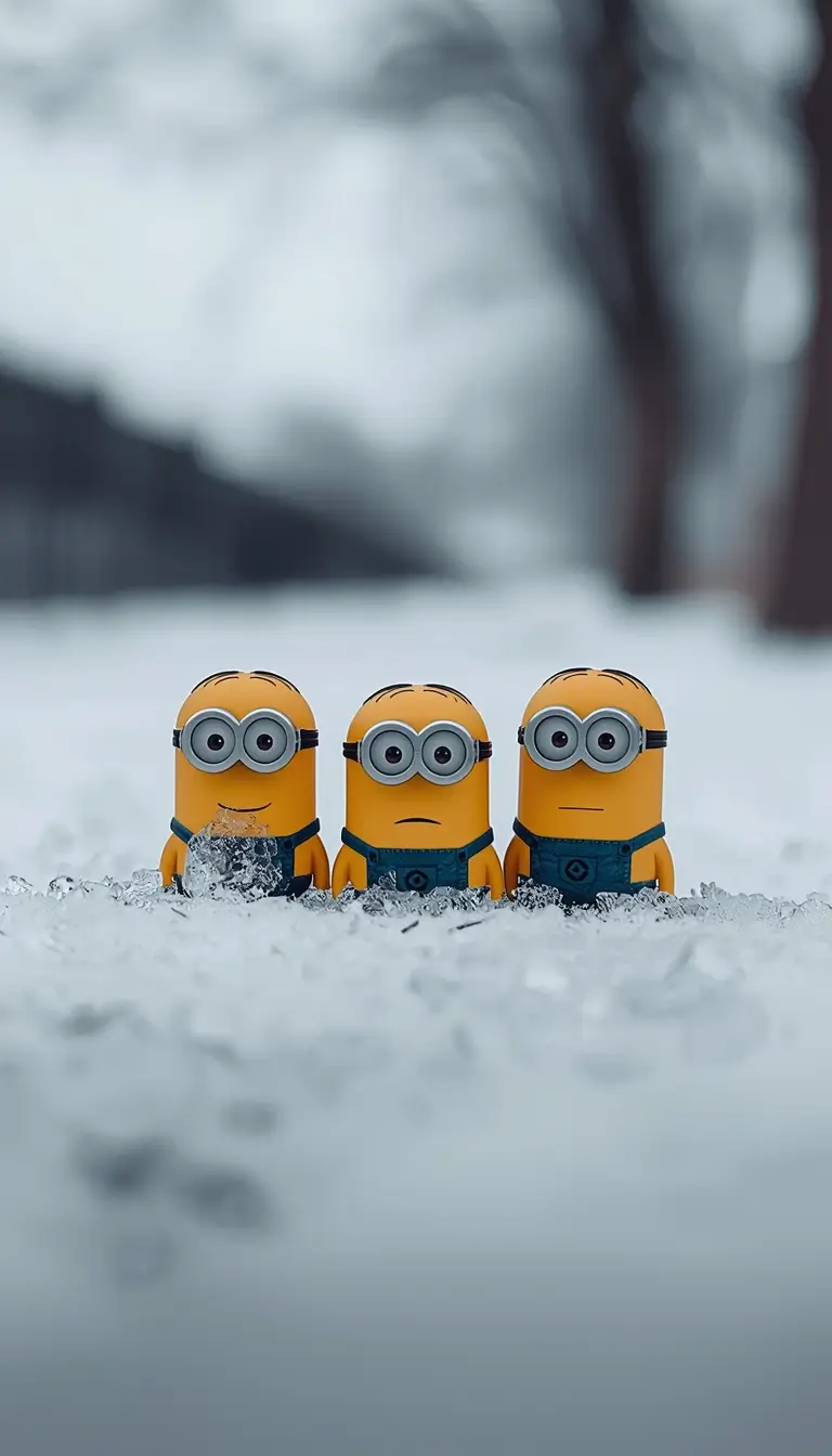 Minions wallpapers showing three cute Minions standing in fresh snow during winter with a soft blurred background.
