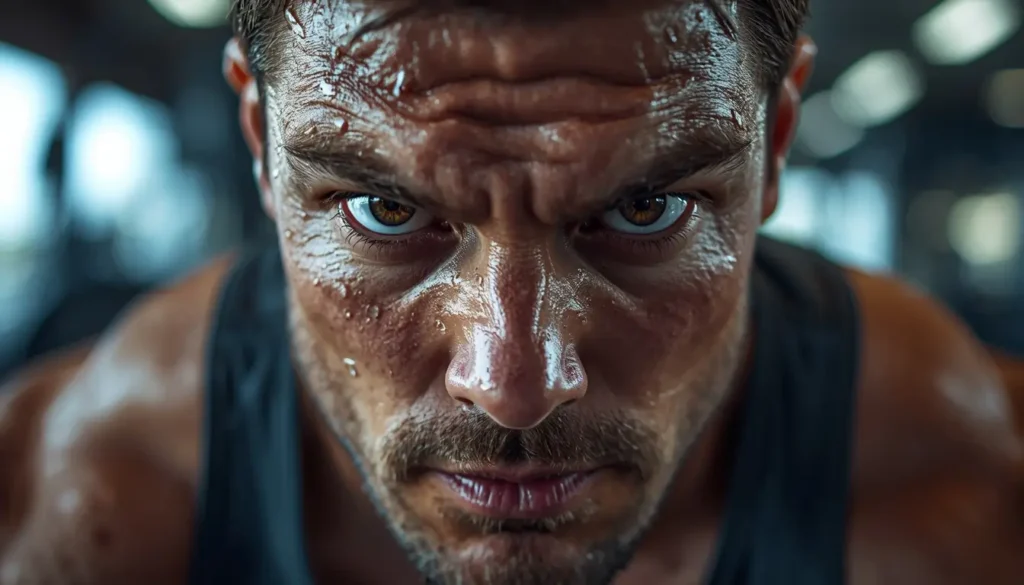 motivational-wallpaper-for-gym close-up of sweaty athlete face with intense eyes showing focus and determination in gym