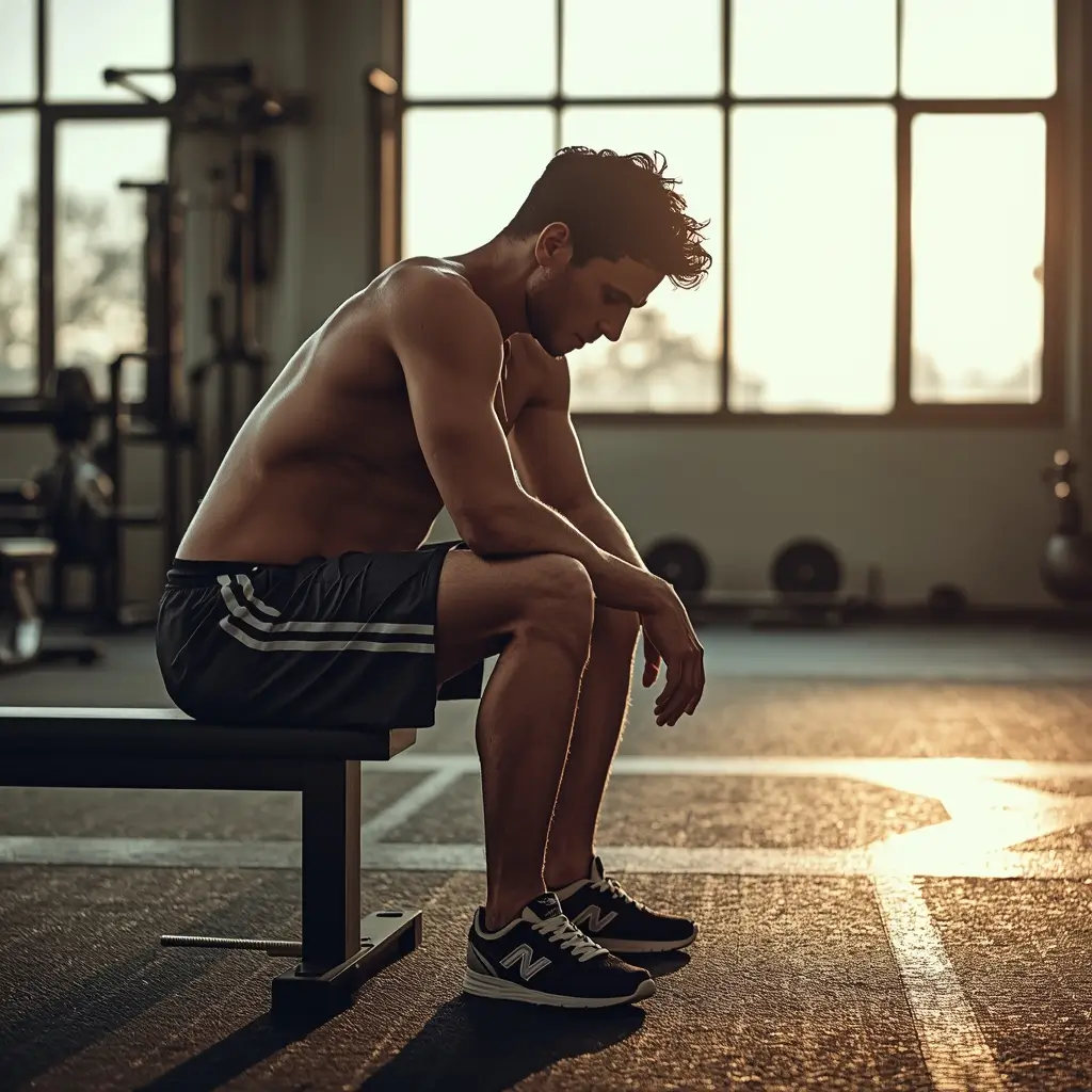 Exhausted athlete resting on bench after workout, motivational-wallpaper-for-gym showing discipline, recovery, and mental strength