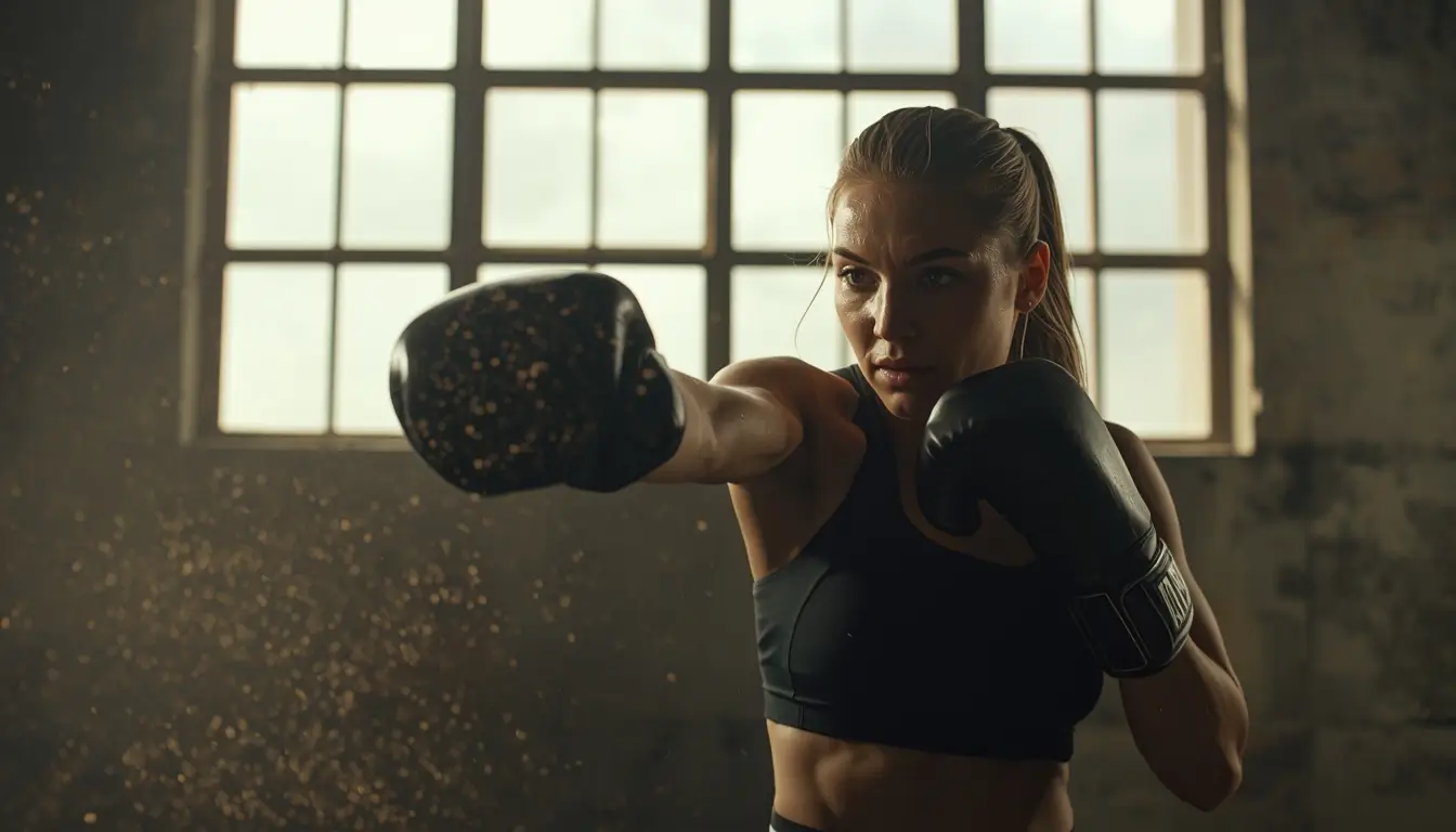Female boxer throwing powerful punch, motivational-wallpaper-for-gym showing strength, focus, and intense combat training energy