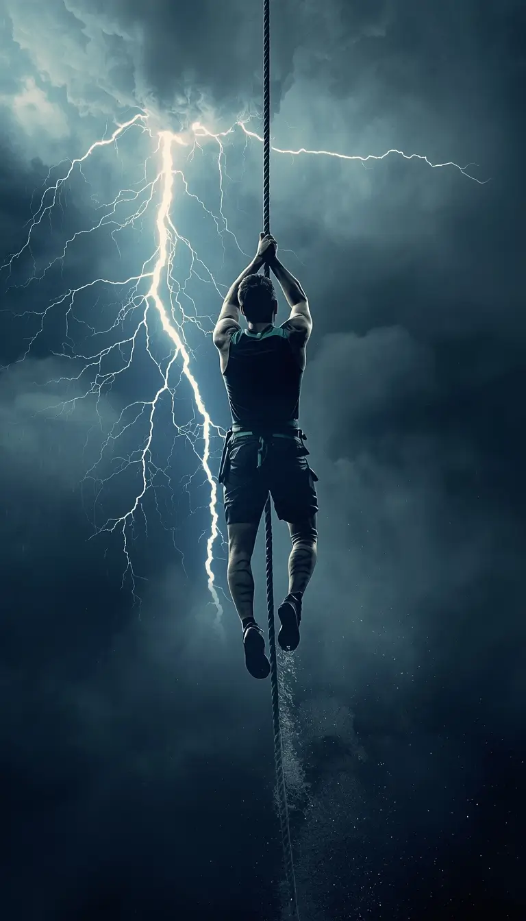 motivational-wallpaper-for-gym of athlete climbing rope with lightning storm background showing strength and determination