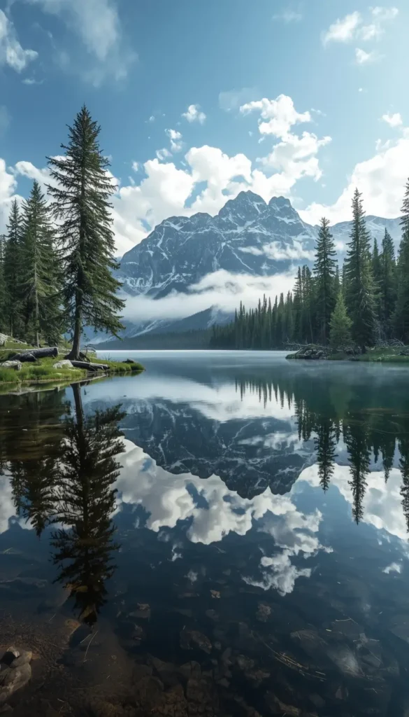 Calm mountain lake reflecting snow-covered peaks and pine trees under a blue sky, presented as a high-quality nature-wallpaper.