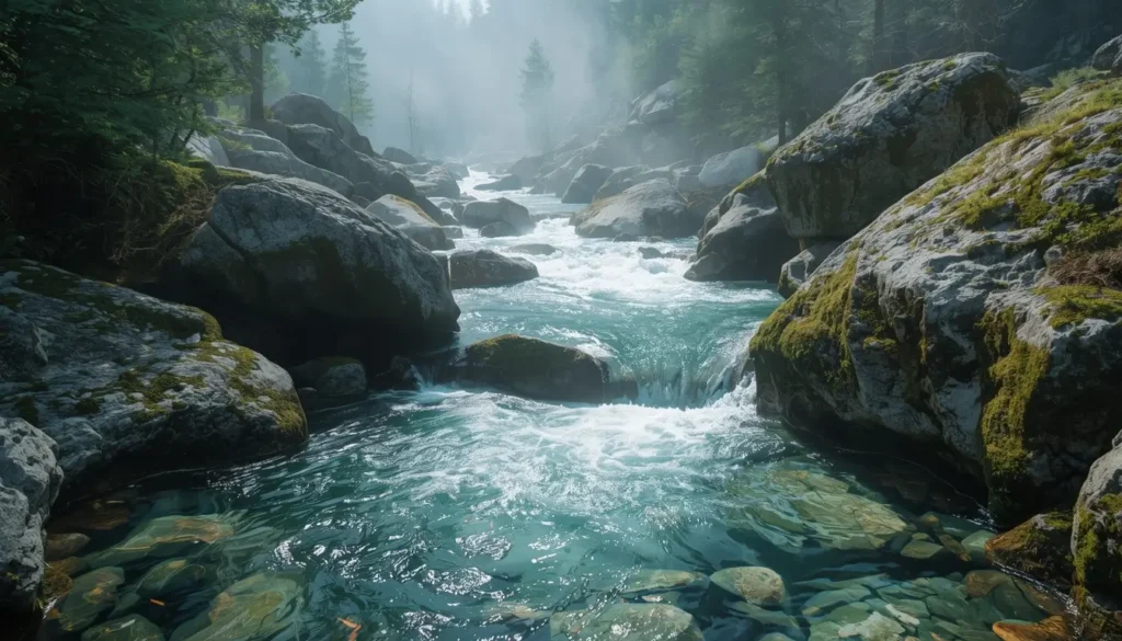 Clear mountain river flowing between mossy rocks with soft forest light, presented as a high-resolution nature-wallpaper.