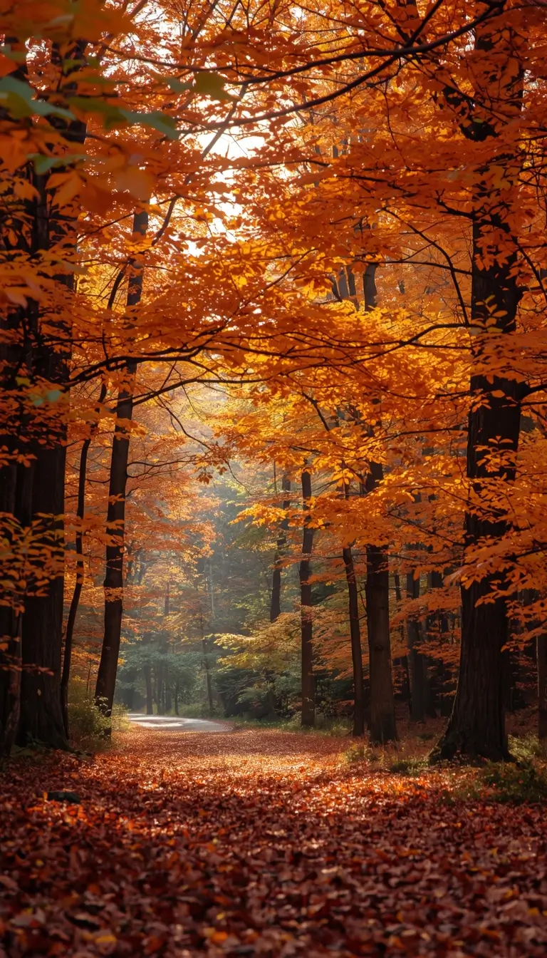 Autumn forest path covered with orange and golden leaves under soft sunlight, presented as a seasonal nature-wallpaper.