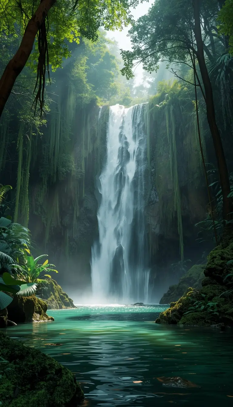 Lush tropical rainforest waterfall flowing into emerald green water, captured as a calming high-resolution nature-wallpaper.