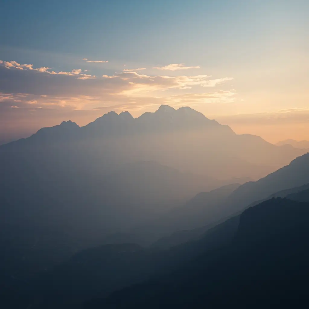 Layered Himalayan mountain ranges at sunrise with soft haze and warm light, presented as a minimal nature-wallpaper.
