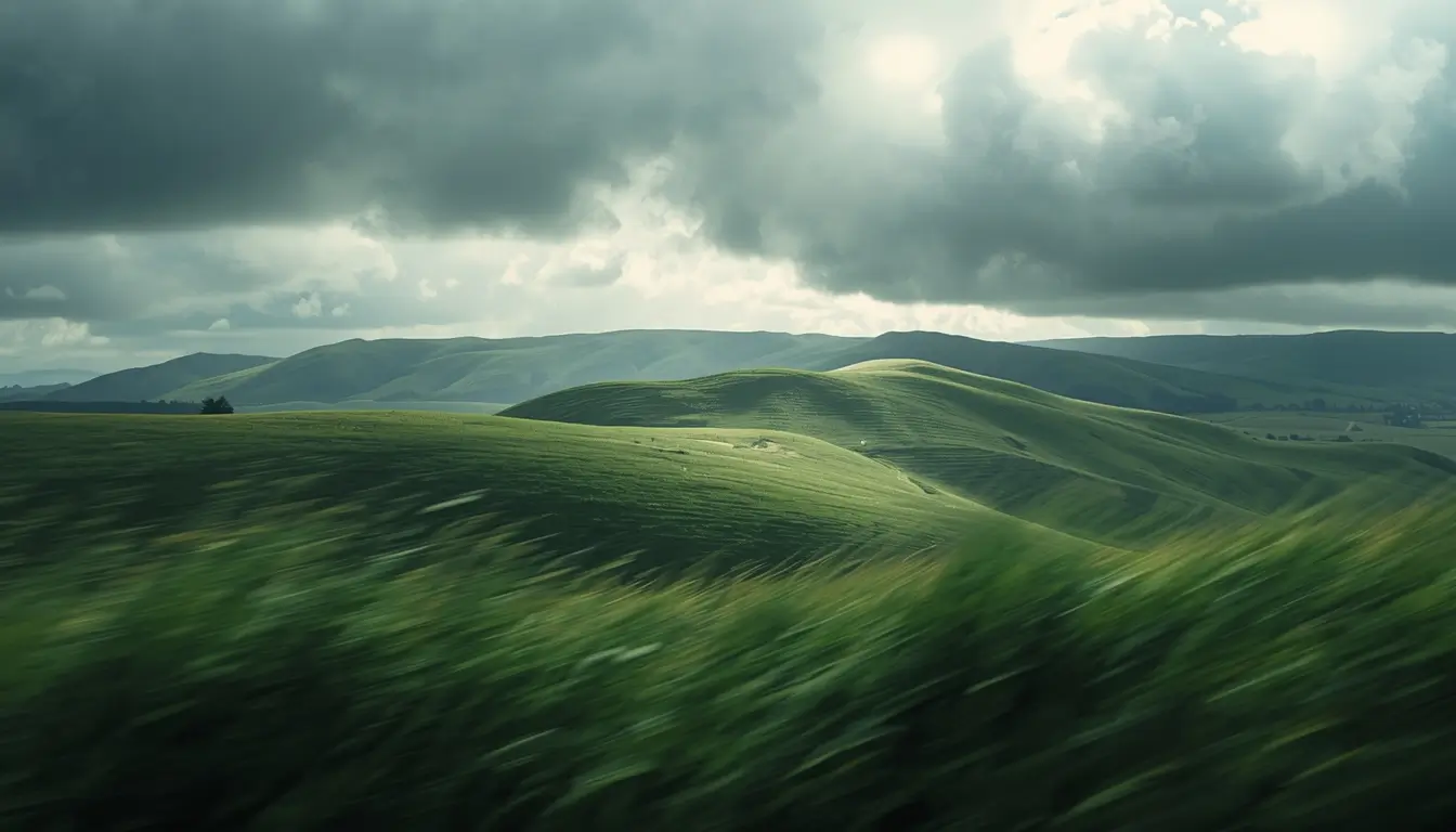 Rolling green hills with wind-blown grass beneath a dramatic cloudy sky, captured as a peaceful nature-wallpaper.