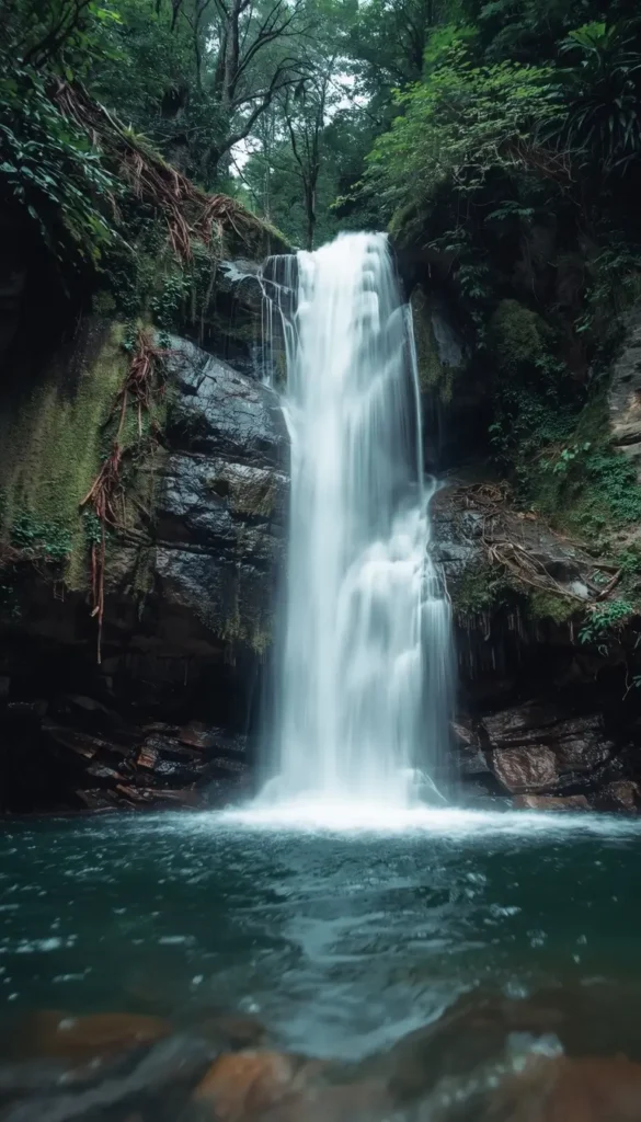 This soothing nature-wallpaper features a graceful waterfall flowing through a dense green forest into a calm natural pool. The soft motion of water, moss-covered rocks, and rich woodland textures create a peaceful and refreshing scene. Ideal for natural wallpaper lovers, nature wallpapers for desktop, and calming nature phone wallpaper backgrounds inspired by untouched forest landscapes.