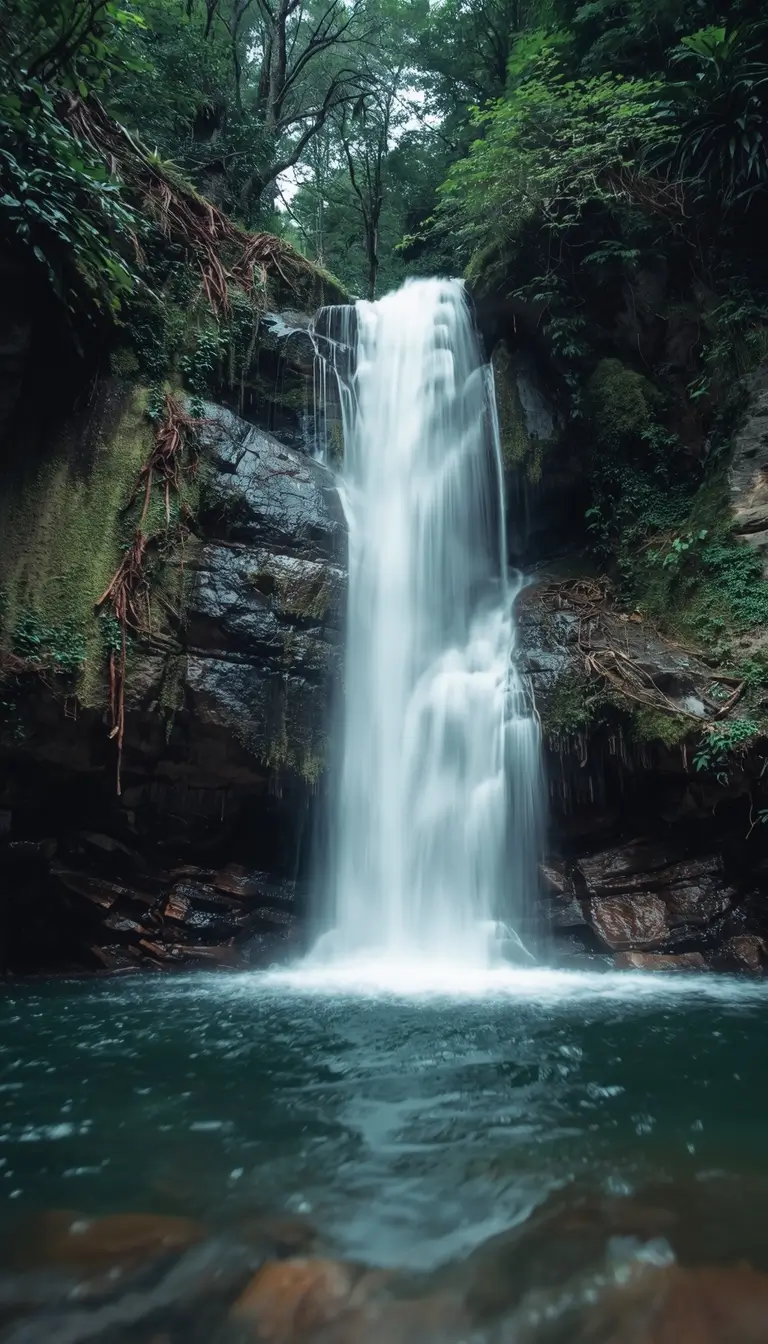 This soothing nature-wallpaper features a graceful waterfall flowing through a dense green forest into a calm natural pool. The soft motion of water, moss-covered rocks, and rich woodland textures create a peaceful and refreshing scene. Ideal for natural wallpaper lovers, nature wallpapers for desktop, and calming nature phone wallpaper backgrounds inspired by untouched forest landscapes.