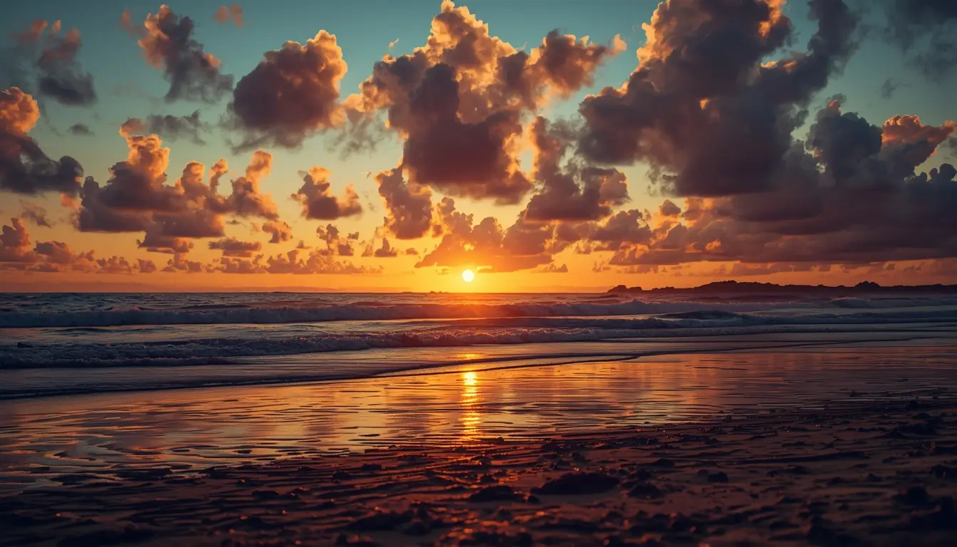 Golden beach sunset with dramatic clouds and reflections on wet sand, captured as a high-quality nature-wallpaper.