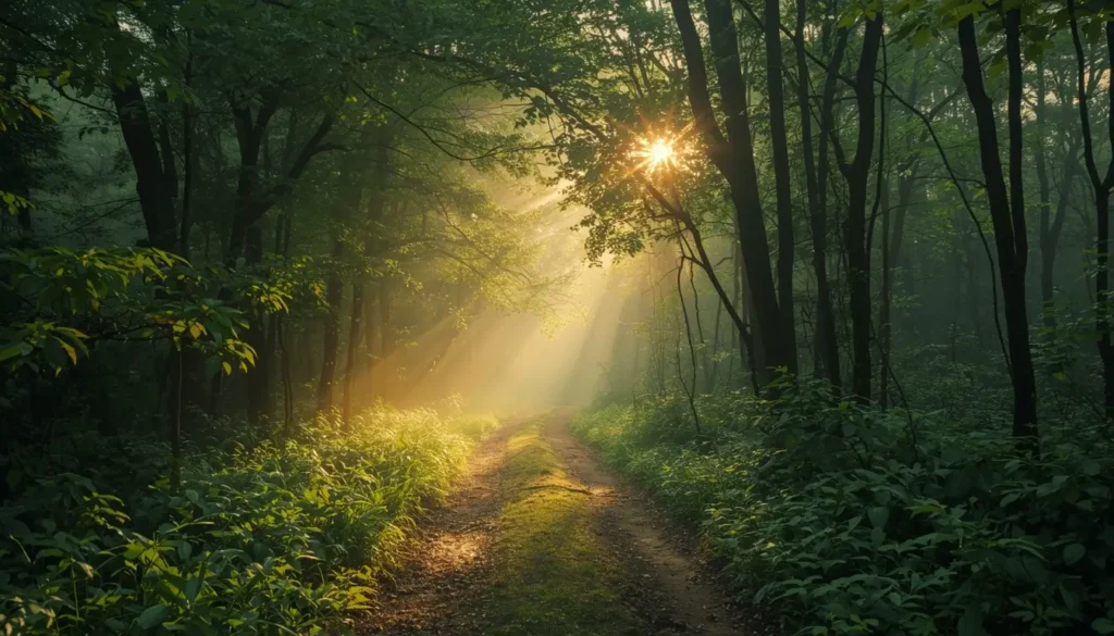 Sunlit forest path with golden rays filtering through dense green trees, presented as a calming nature-wallpaper.