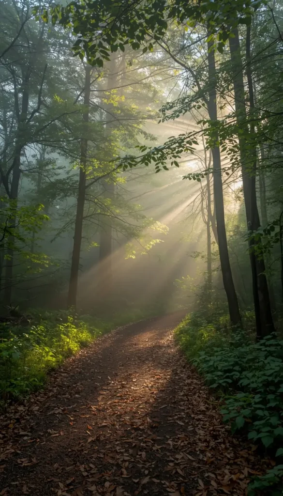 Morning forest trail with soft sun rays and light fog among tall trees, presented as a serene nature-wallpaper.