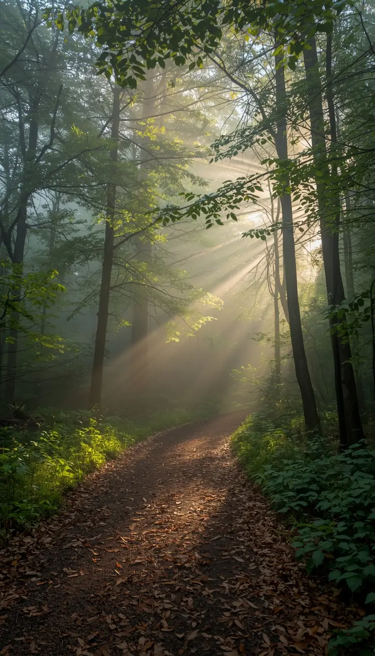 Morning forest trail with soft sun rays and light fog among tall trees, presented as a serene nature-wallpaper.