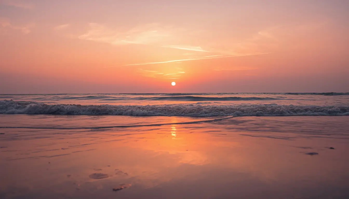 Soft pink and orange sunset over a calm ocean with gentle waves and reflective wet sand, shown as a nature-wallpaper.