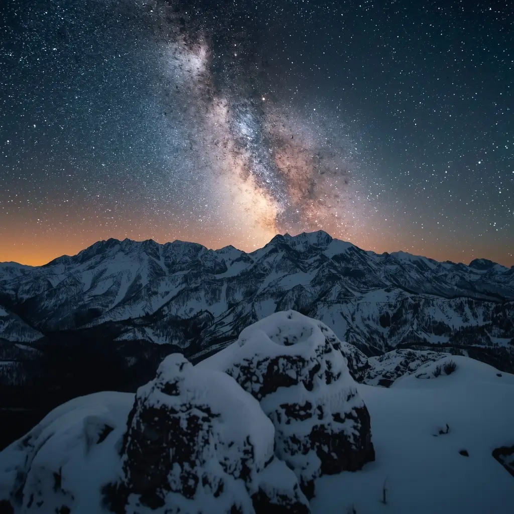 Snow-covered mountains under a starry Milky Way night sky, captured as a high-resolution nature-wallpaper for desktop and phone.