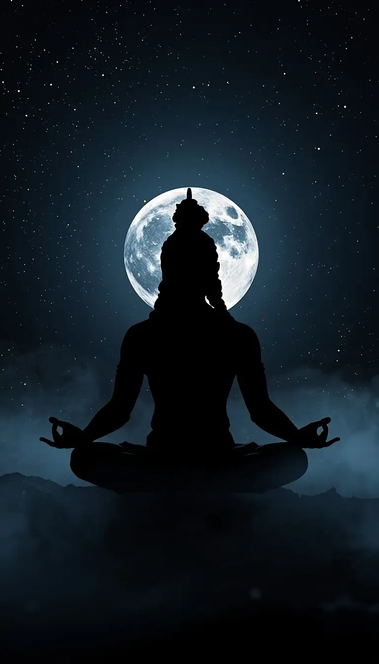 photos-of-sri-krishna-god silhouette of meditating Krishna with full moon and starry night sky spiritual background