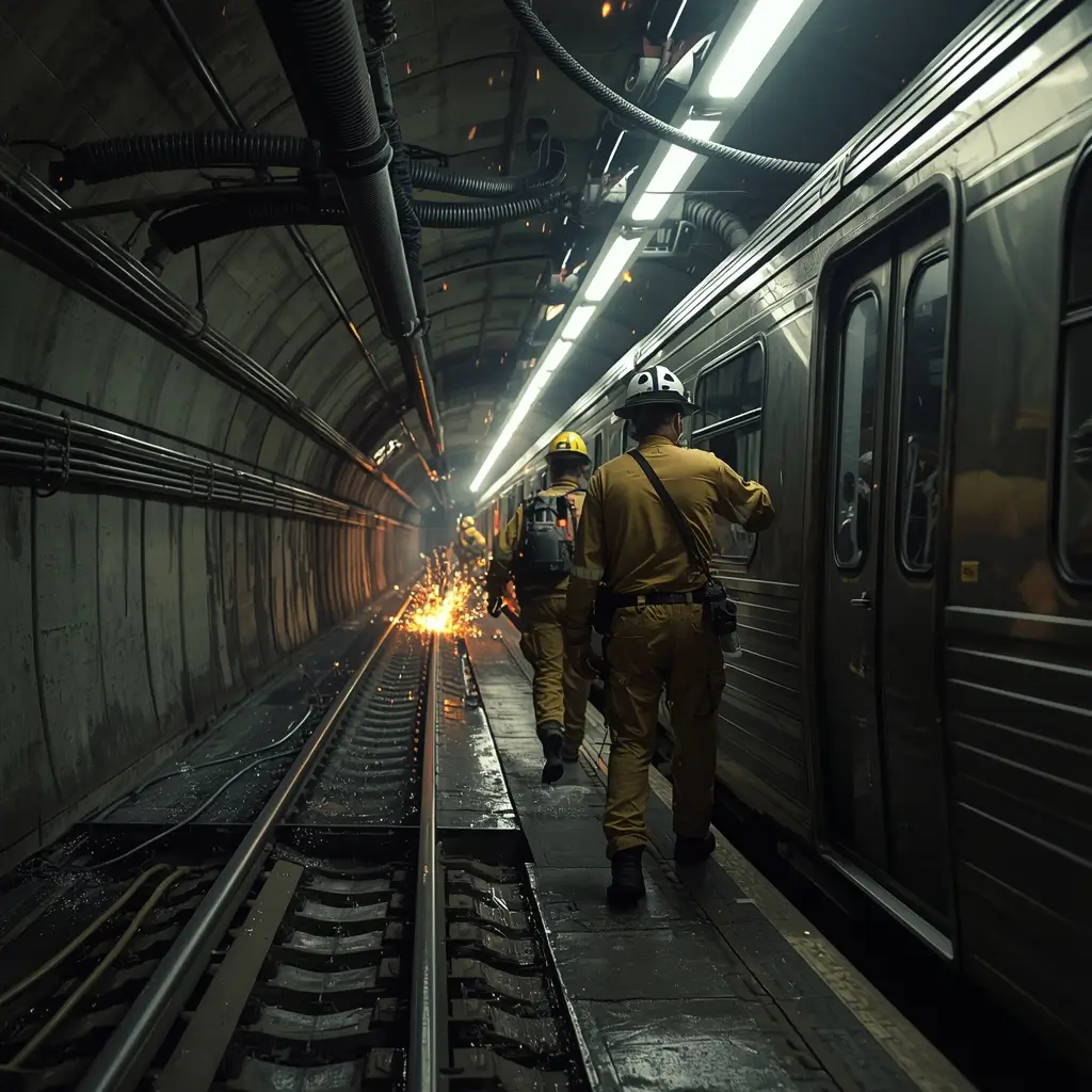 Tactical operators walking through subway tunnel beside train with sparks and industrial lights r6 background