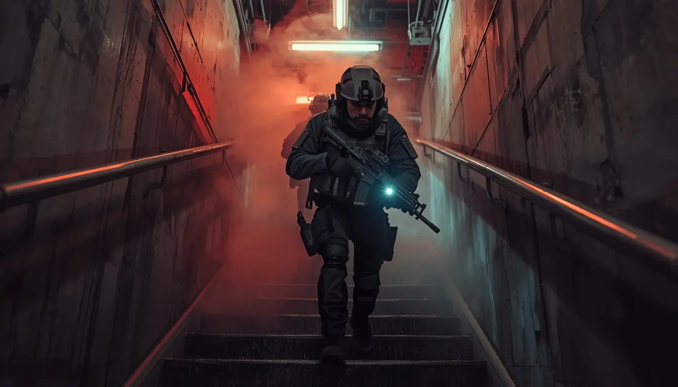 Tactical operator descending smoky stairwell with weapon light, intense r6 background style close quarters scene