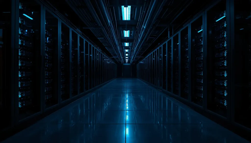 Dark server room corridor with blue lights and reflective floor, r6 background style high tech infiltration scene