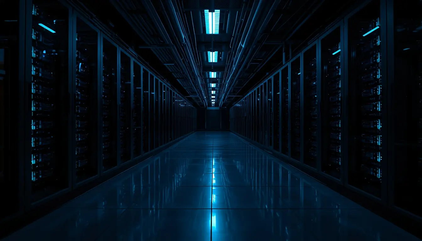 Dark server room corridor with blue lights and reflective floor, r6 background style high tech infiltration scene