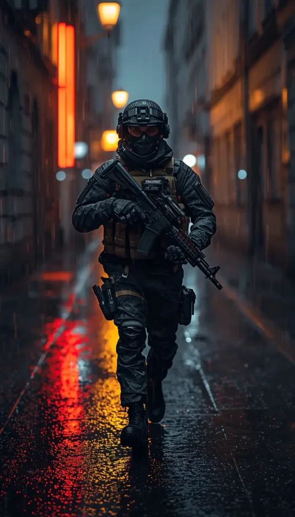 R6 background showing tactical operator with rifle walking through neon rain street at night with reflections and city lights
