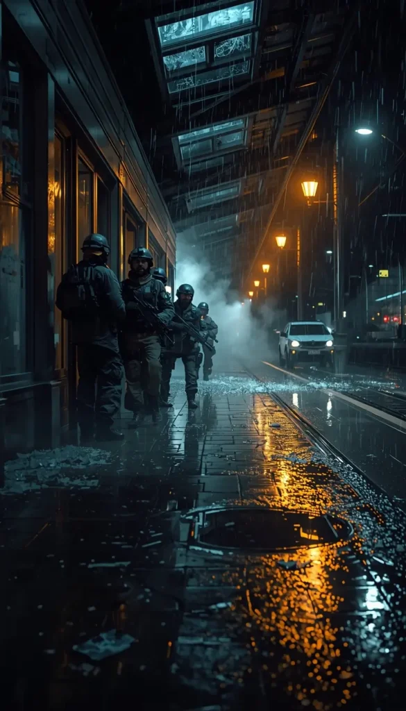 Tactical squad walking through rainy city street at night r6 wallpaper with reflections smoke and street lights