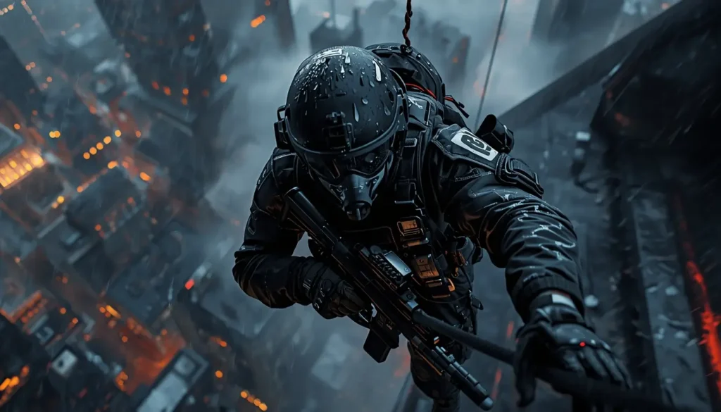 Elite tactical operator fast roping into burning city at night, dramatic r6 wallpaper style action scene in 4K