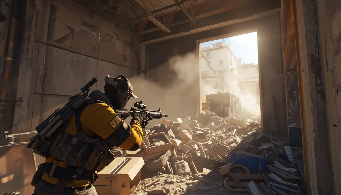 R6 wallpaper showing tactical operator aiming rifle inside ruined building with debris smoke and bright sunlight background