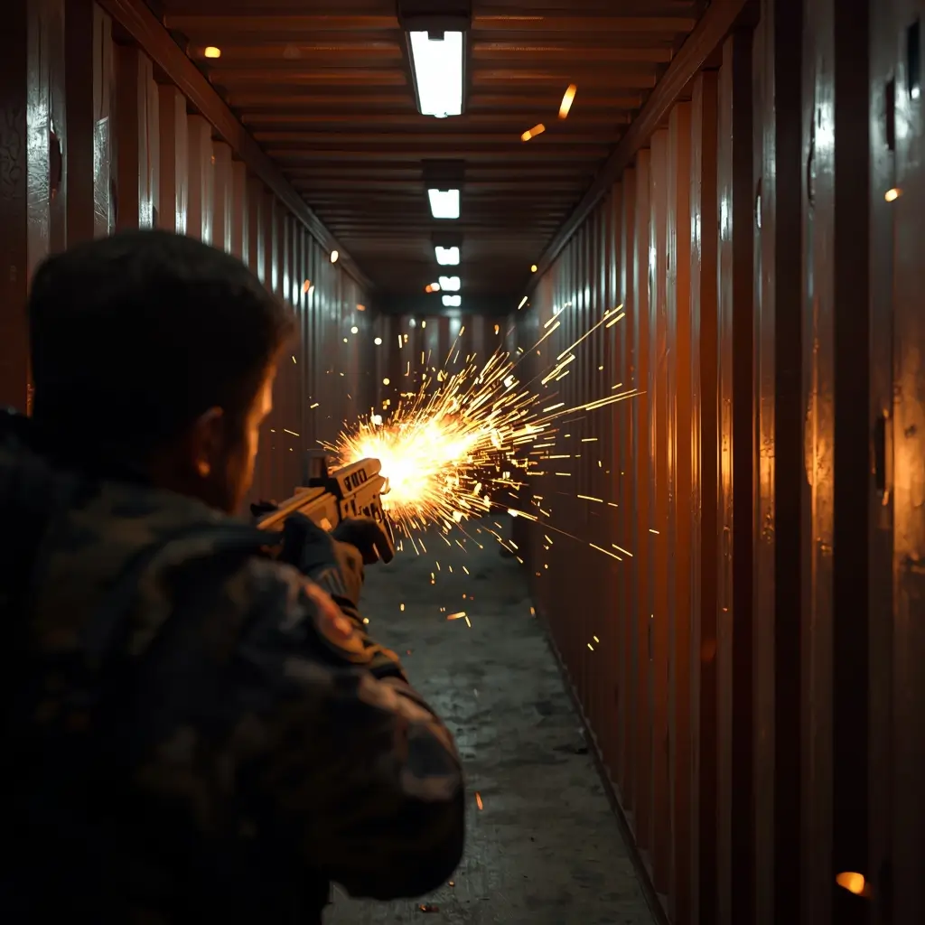 Operator firing weapon inside narrow shipping container hallway with sparks, r6 wallpapers style close quarters firefight