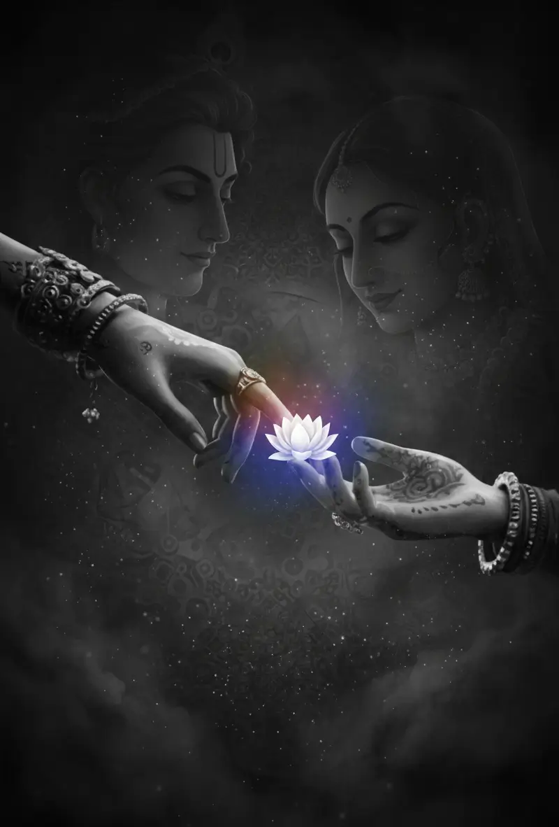 Radha Krishna holding glowing lotus divine black and white radha-krishna-photo spiritual god sri krishna wallpaper art