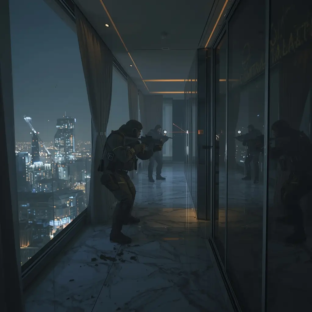 Operators clearing modern penthouse corridor at night rainbow 6 siege wallpaper with city skyline and tactical gear