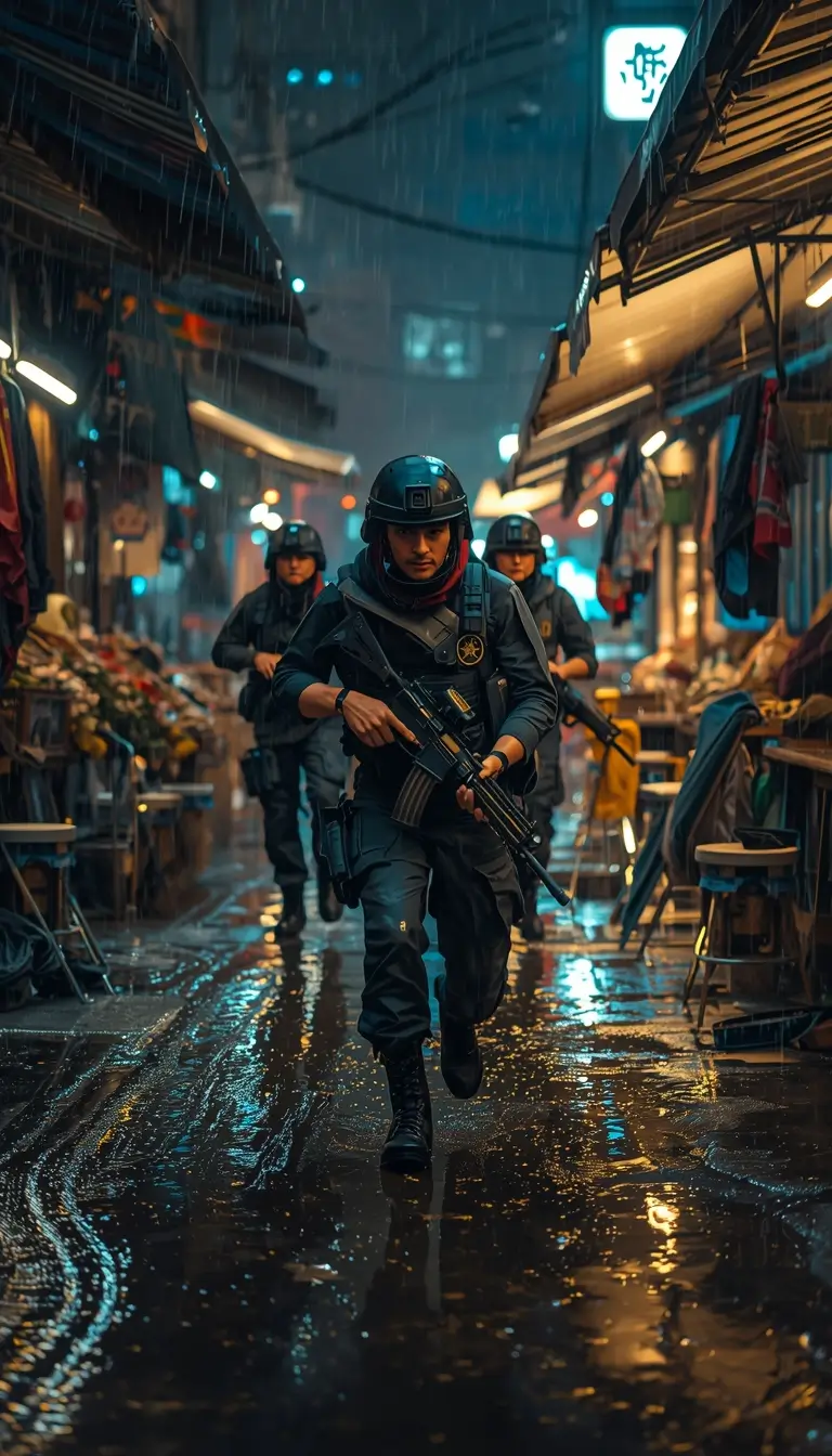Tactical team running through rainy night market with rifles, rainbow 6 siege wallpaper style urban raid scene