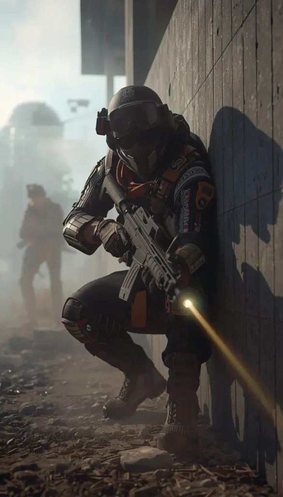 Rainbow 6 Siege wallpaper showing tactical operator crouched behind wall aiming rifle with laser in dusty battlefield background