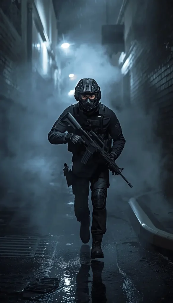 Elite tactical operator walking through foggy night alley with rifle, rainbow six background style stealth scene