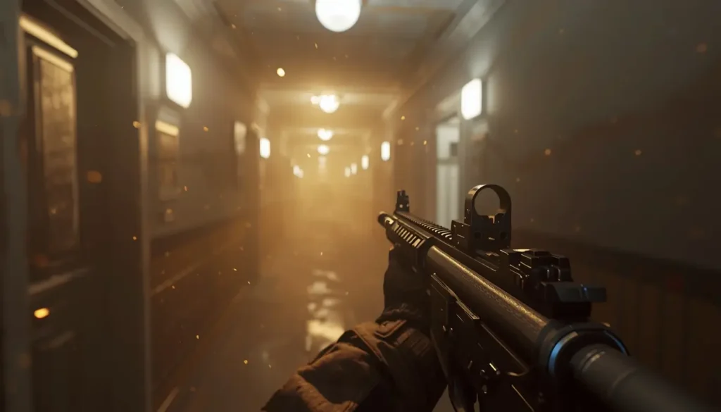 Rainbow Six Siege background first-person view aiming rifle down smoky hallway with warm lights and cinematic tactical atmosphere