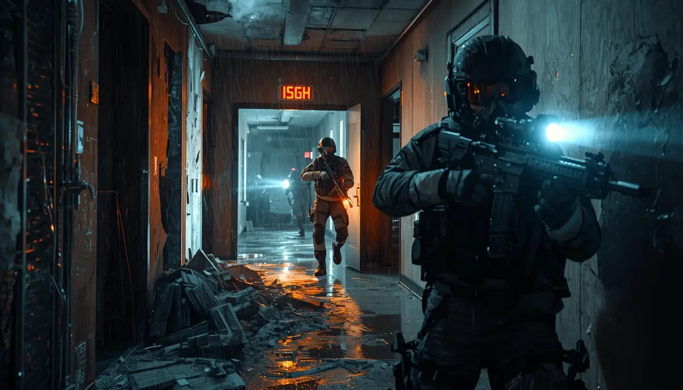 Armed tactical operators clearing hallway during night raid rainbow six siege background with flashlights and debris