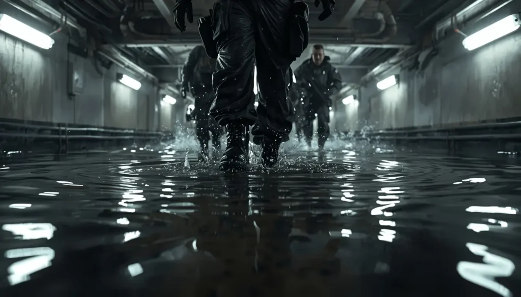 Tactical team walking through flooded tunnel with water splashes, dark rainbow six siege background style scene
