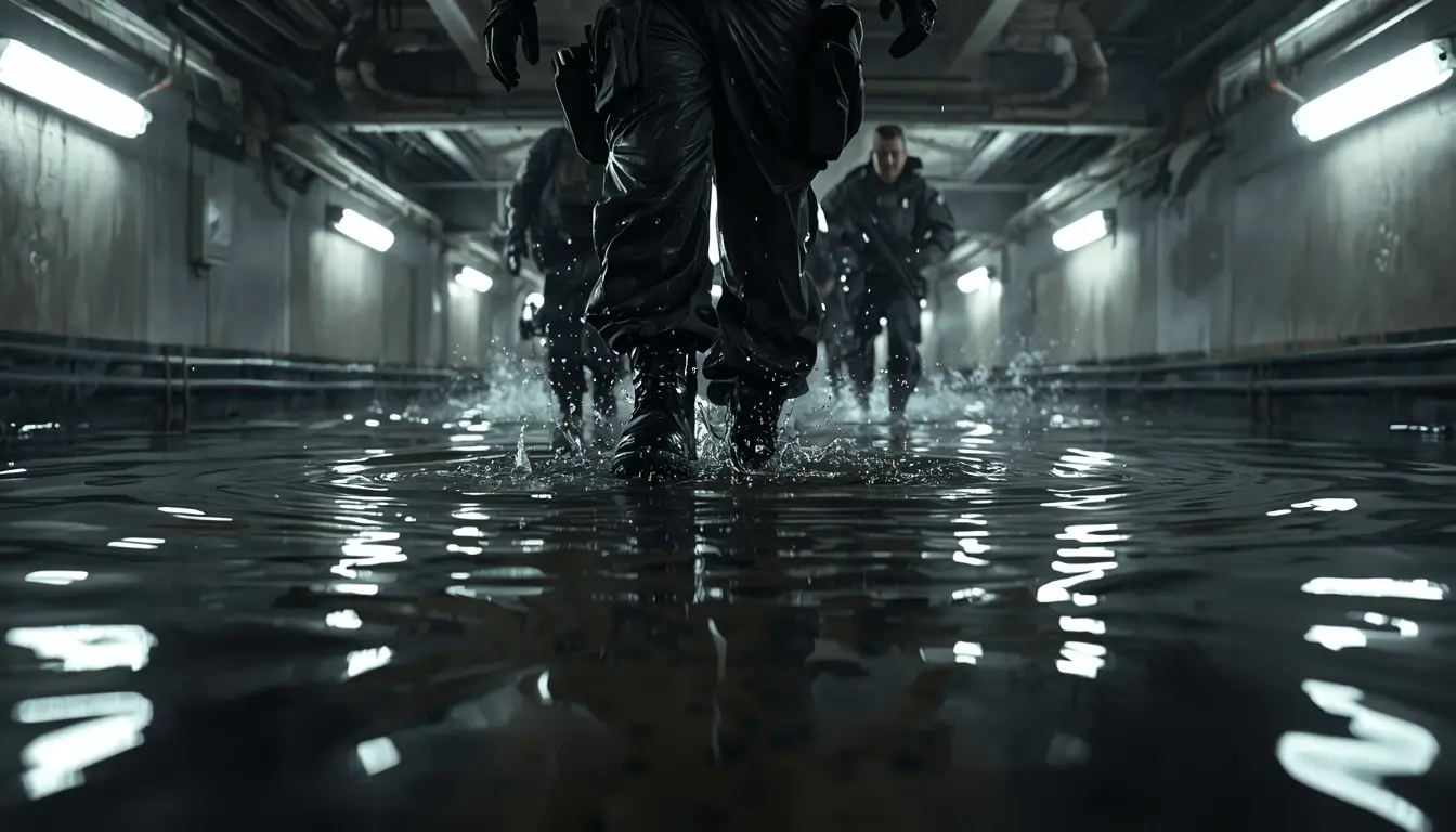 Tactical team walking through flooded tunnel with water splashes, dark rainbow six siege background style scene