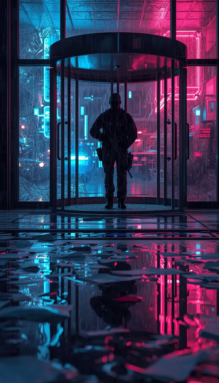 Tactical operator silhouette in neon lit revolving door with rain reflections, rainbow six siege background style scene