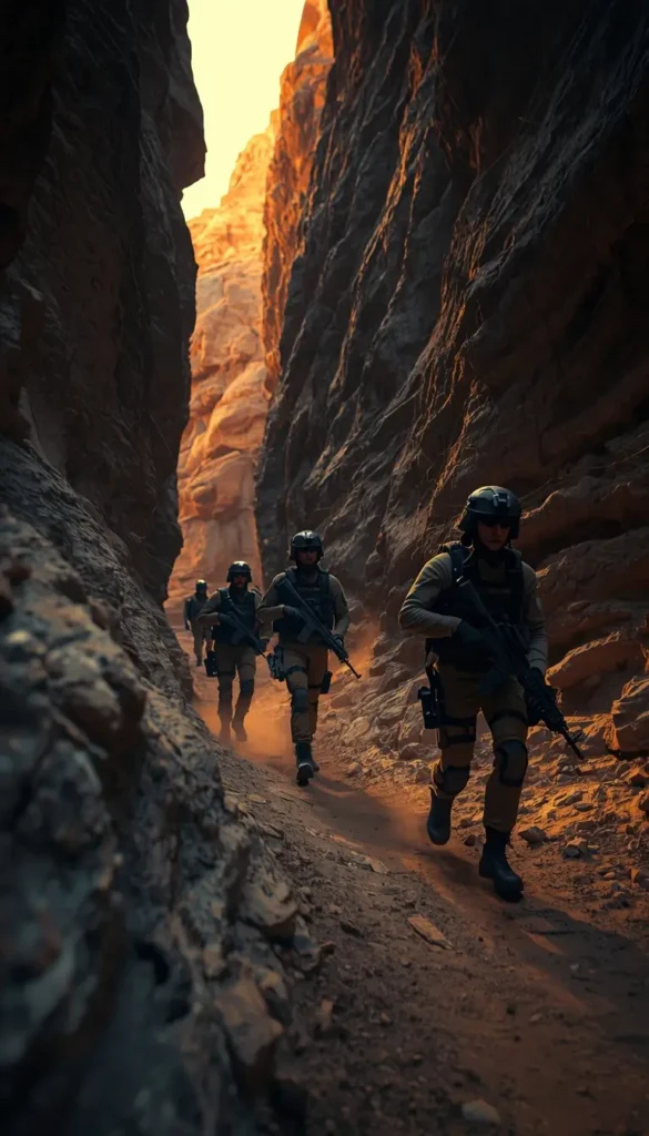 Tactical team patrolling narrow desert canyon at sunset with rifles, rainbow six siege background style outdoor mission scene