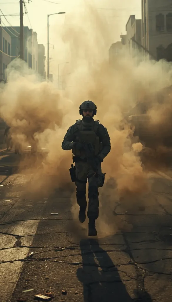 Rainbow Six Siege background with tactical soldier walking through smoke in city street creating dramatic r6 wallpaper scene