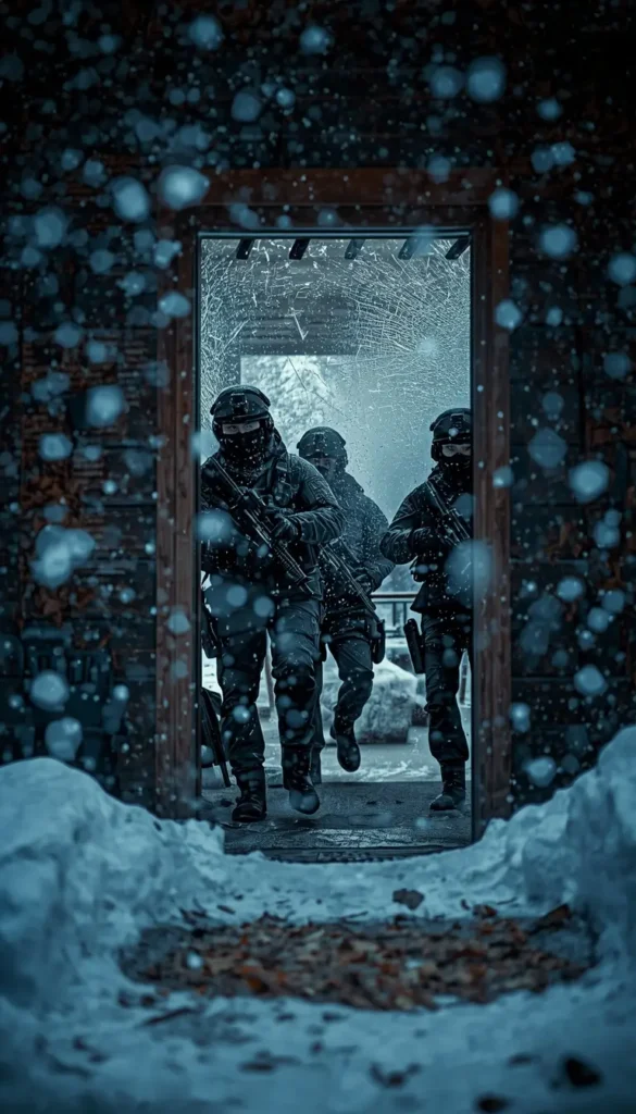 Tactical team breaching snowy doorway with broken glass and heavy snowfall, rainbow six siege pictures style winter assault scene