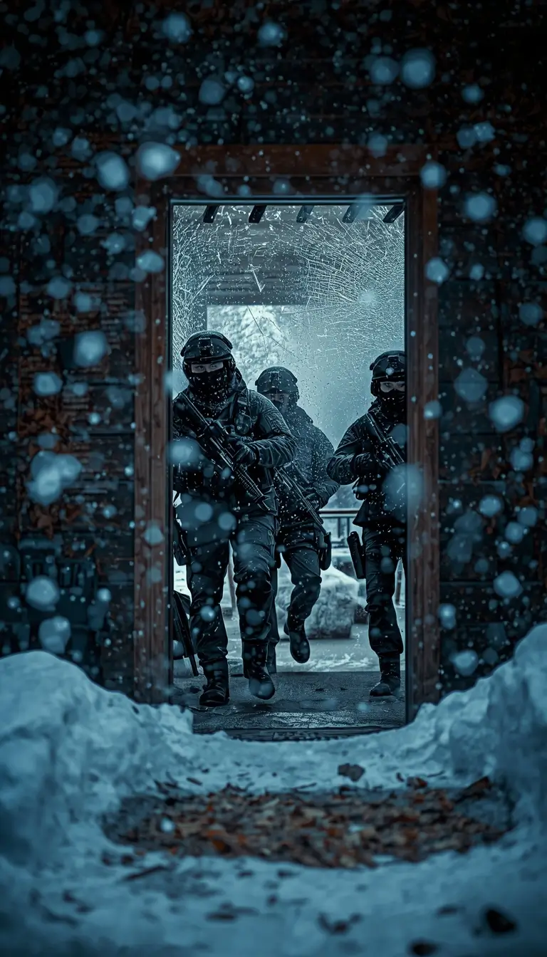 Tactical team breaching snowy doorway with broken glass and heavy snowfall, rainbow six siege pictures style winter assault scene
