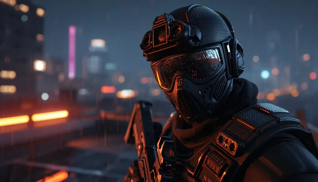 Rainbow Six Siege wallpaper showing masked tactical operator on neon city rooftop at night with rain and glowing lights background