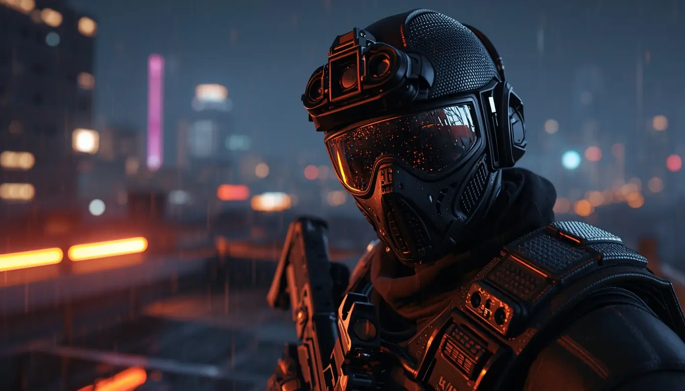 Rainbow Six Siege wallpaper showing masked tactical operator on neon city rooftop at night with rain and glowing lights background